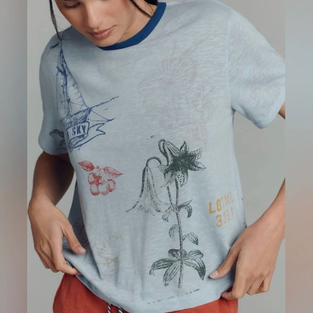 Anthropologie Pilcro Stamp Printed Tee in Sky Blue Motif, NWT - Picture 3 of 8